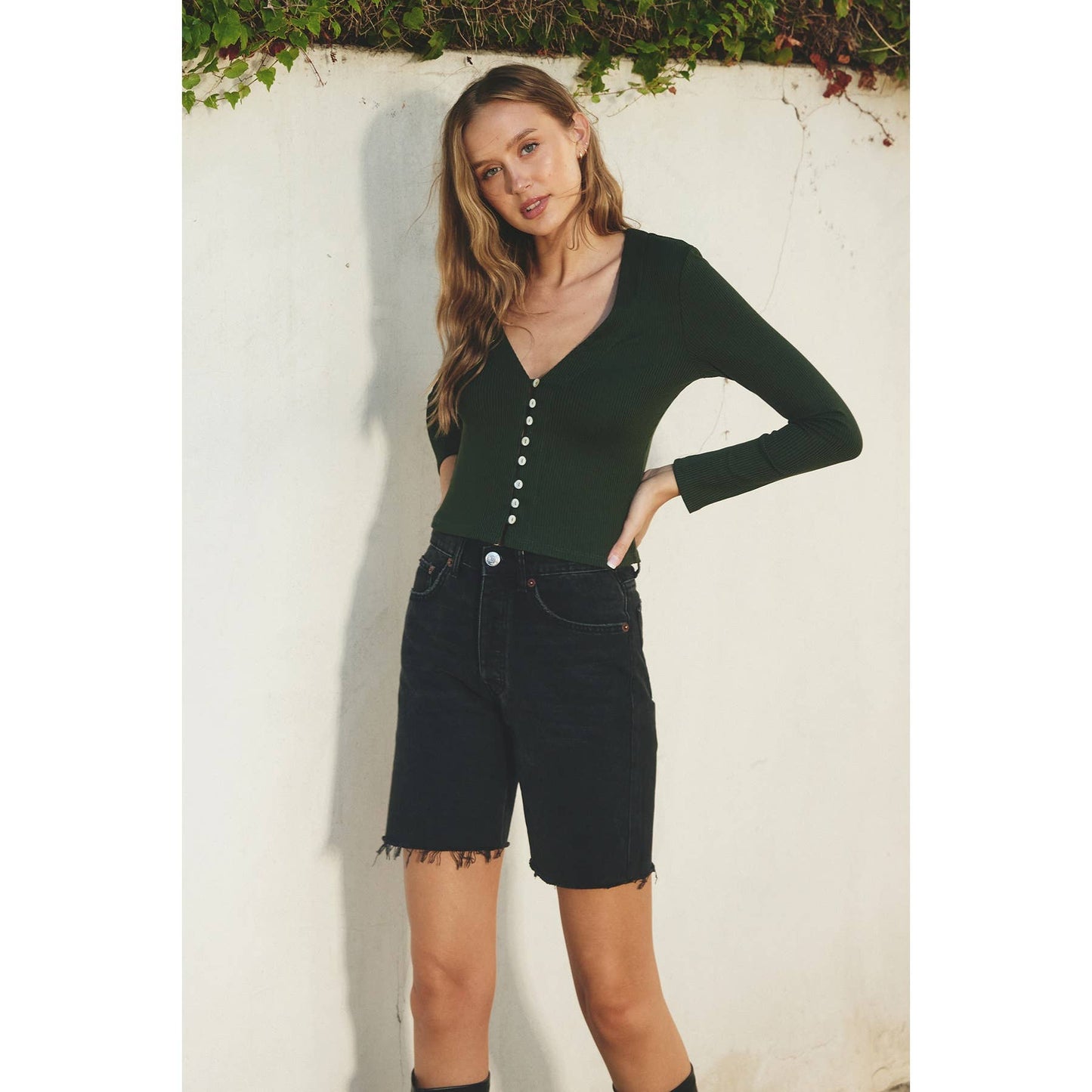 Dress Forum - Shell Button V Neck Long Sleeve Top - Pine