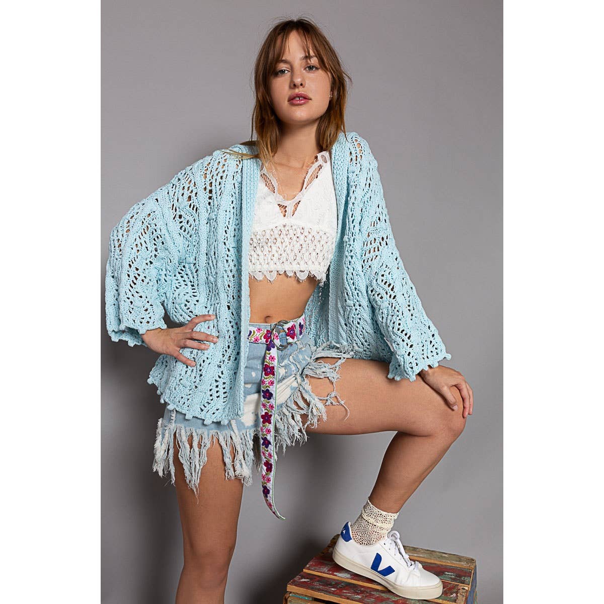 Pol Clothing - Open Weave Cardigan - Baby Blue