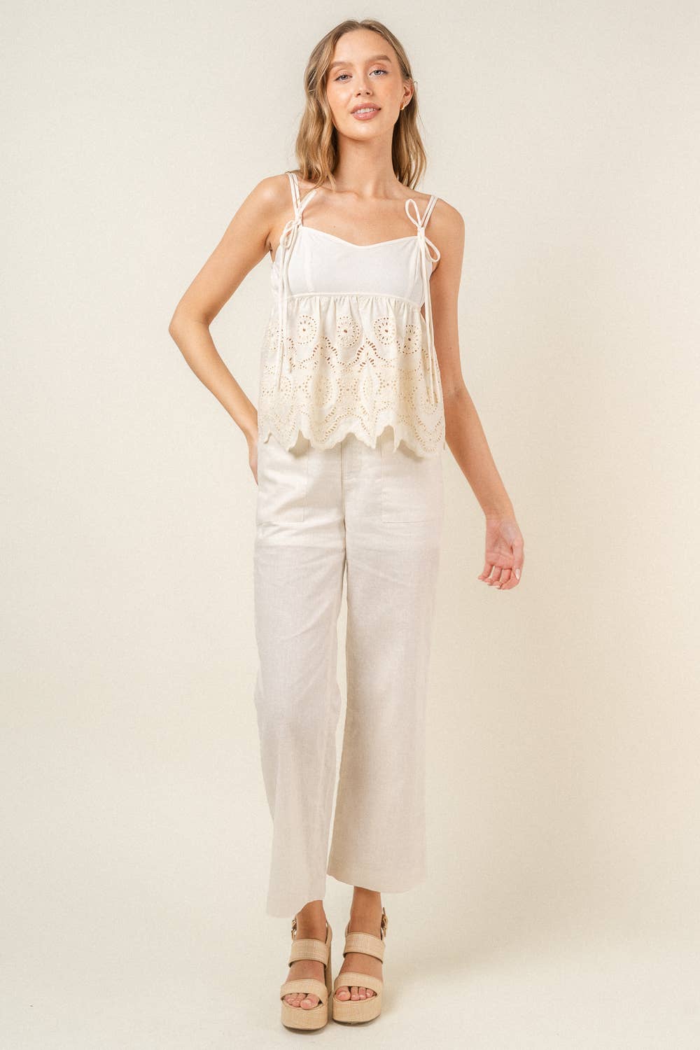 Fore Collection - Boho Chic Spaghetti Strap Peplum Eyelet Top