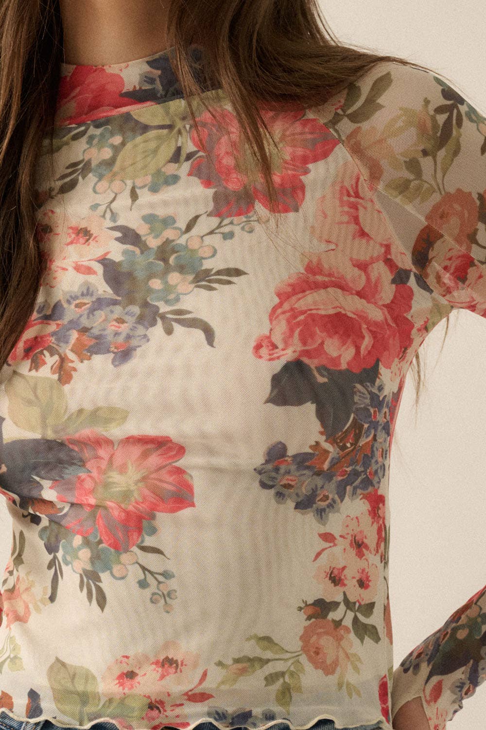 Promesa USA - Floral-Print Mesh Mock-Neck Thumbhole Top