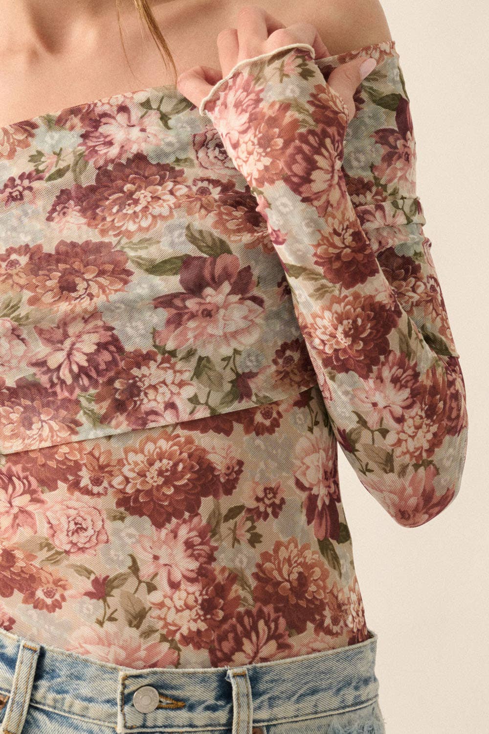 Promesa USA - Floral Mesh Off-Shoulder Knit Bodysuit