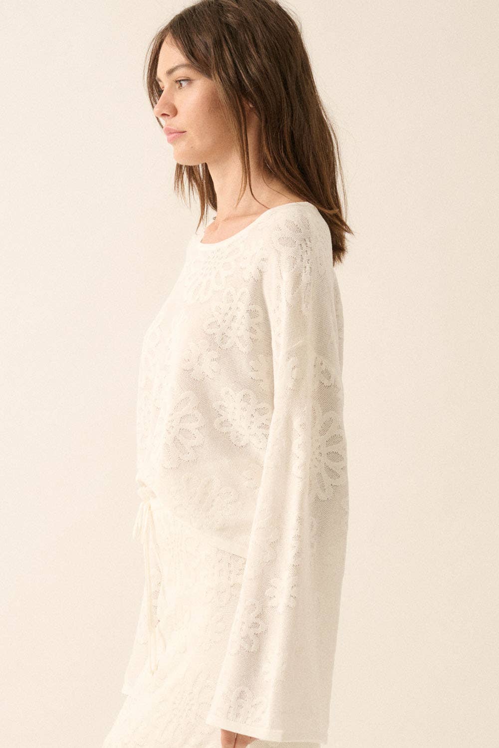 Promesa USA - Floral Jacquard Cropped Bell-Sleeve Sweater