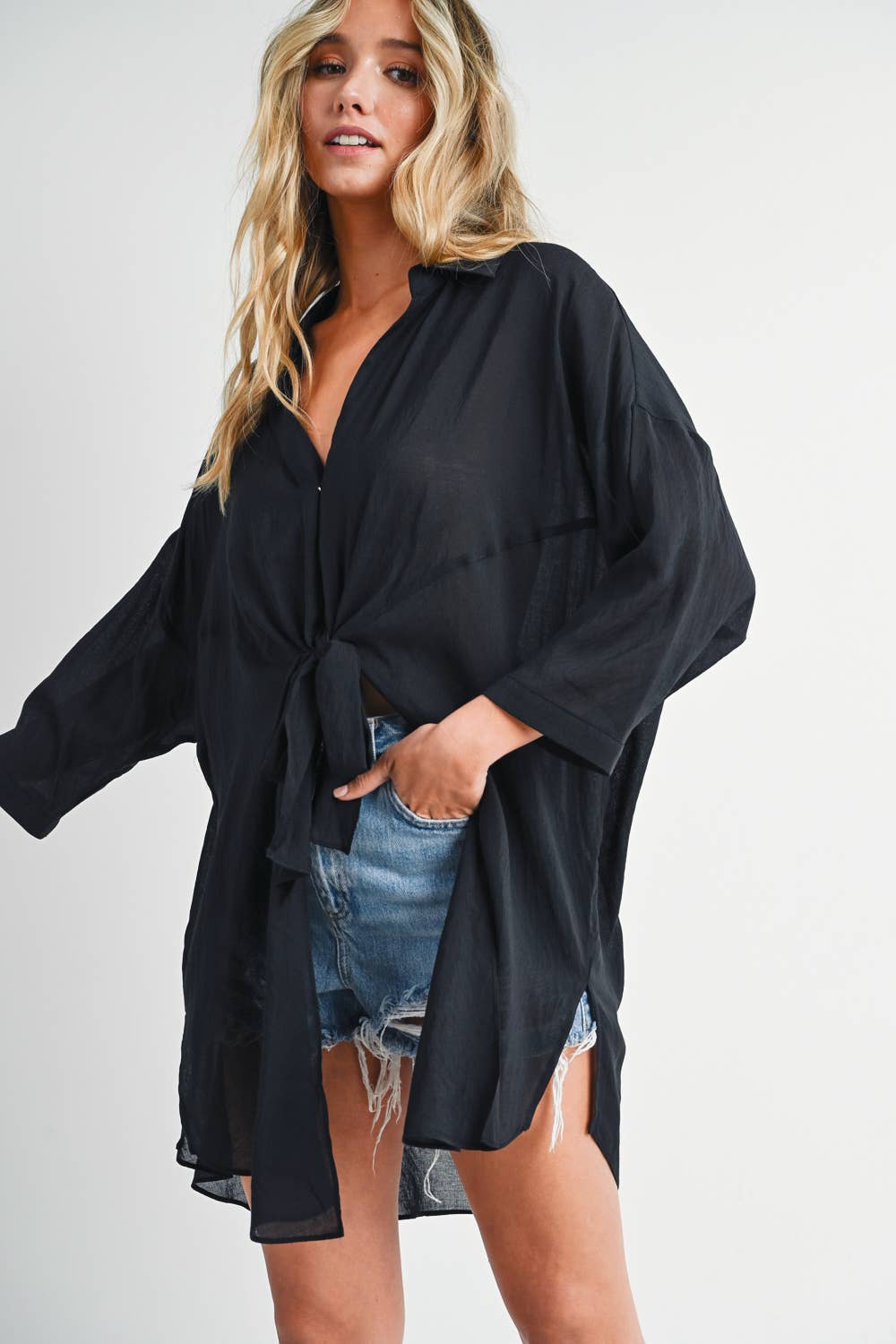 Bluivy - TIE-FRONT DOPHIN HEM TUNIC SHIRT