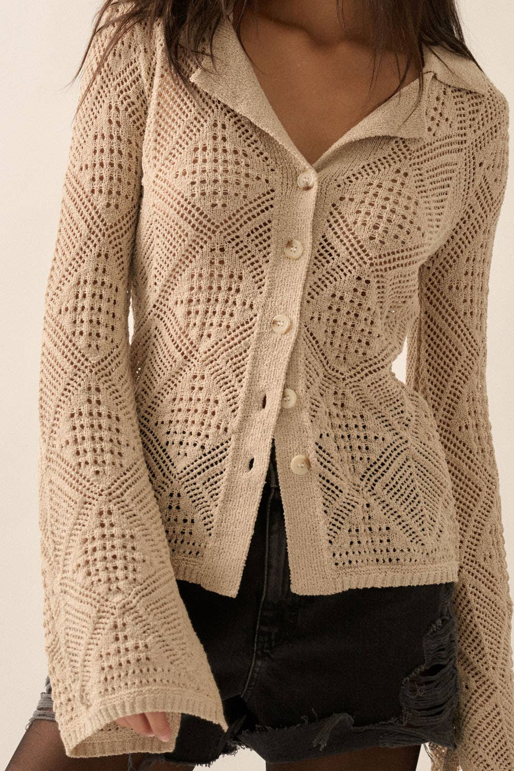 Promesa USA - Solid Geometric-Pointelle Bell-Sleeve Cardigan - Oatmeal