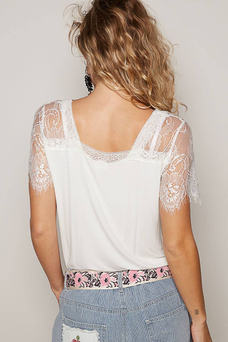 Pol Clothing - 1/2 lace sleeve v-neck tee
