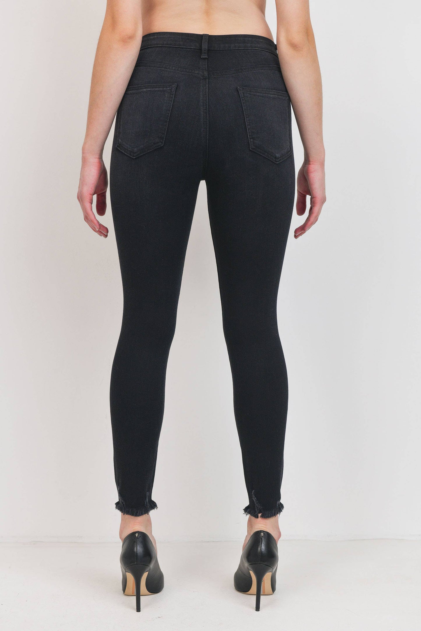 Just Black Denim - High Rise Distressed Fray Skinny - Washed Black
