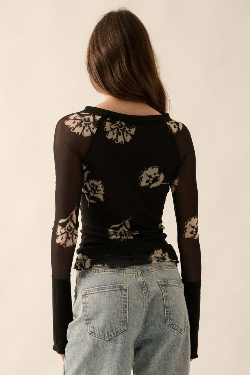 Promesa USA - Floral-Print Mesh Raglan-Sleeve Henley Top