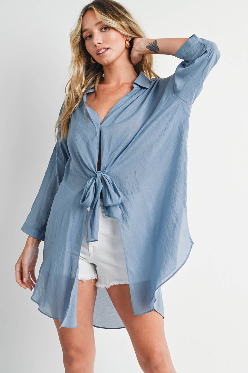 Bluivy - TIE-FRONT DOPHIN HEM TUNIC SHIRT