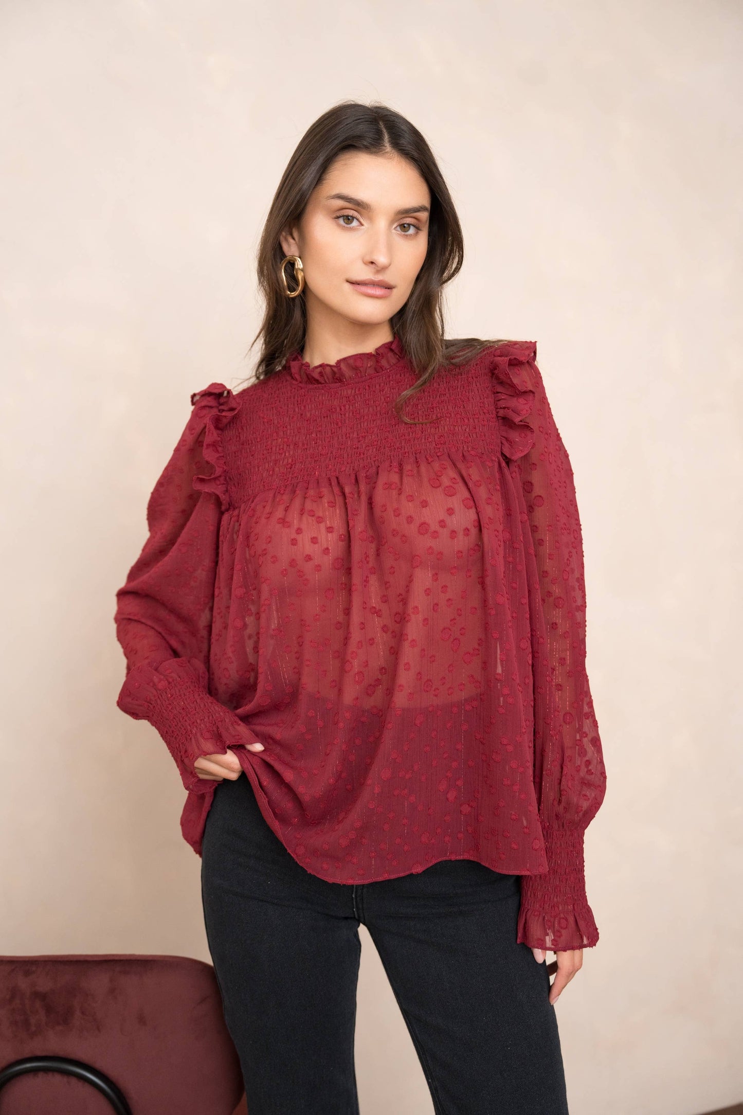 Choklate Paris - Blouse with Ruffled Collar and Sleeves - Bordeaux