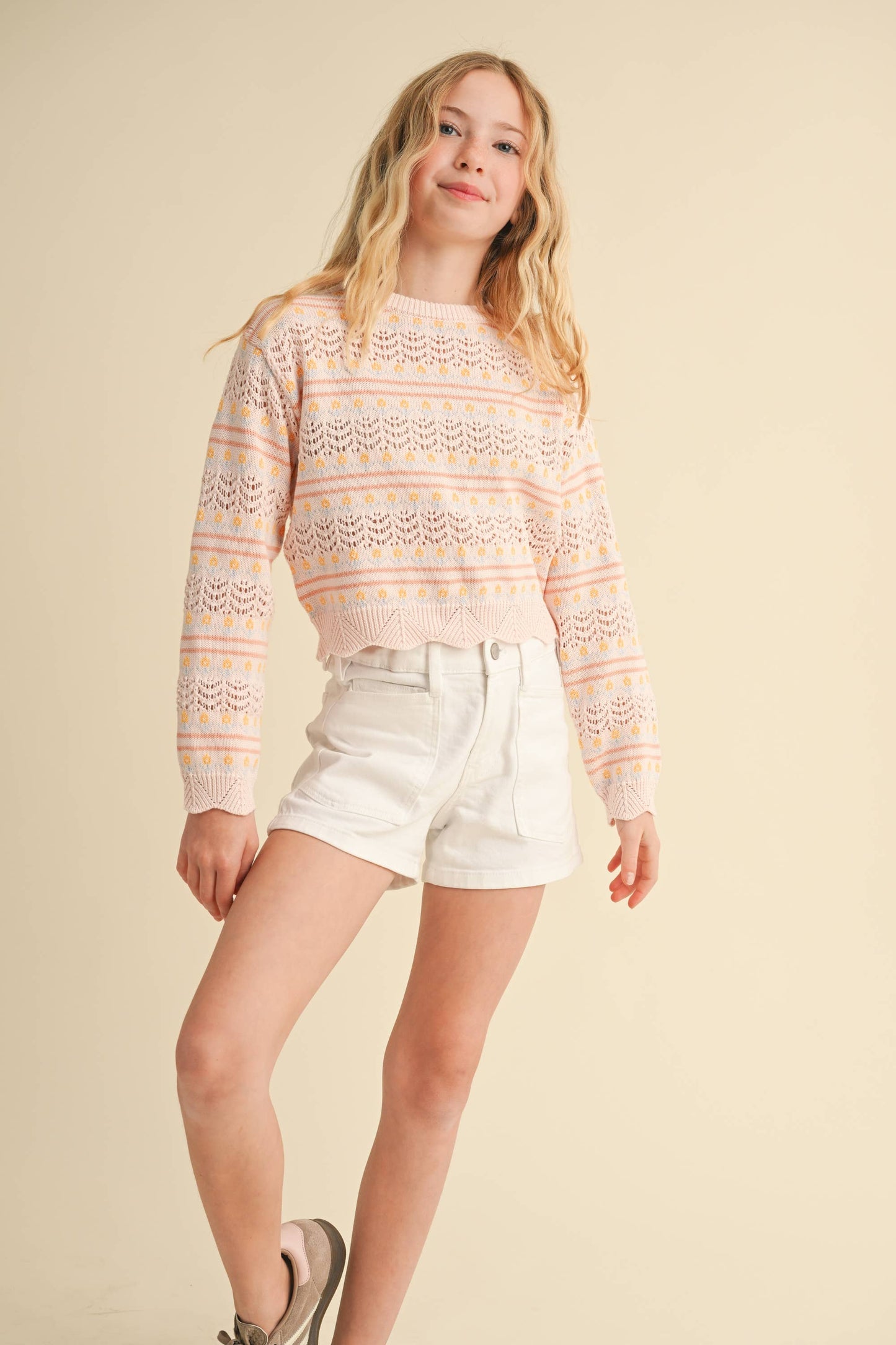 heart and arrow - KNITWEAR PULL OVER TOP IN FLOWER POINTELLE STRIPE (7-14)