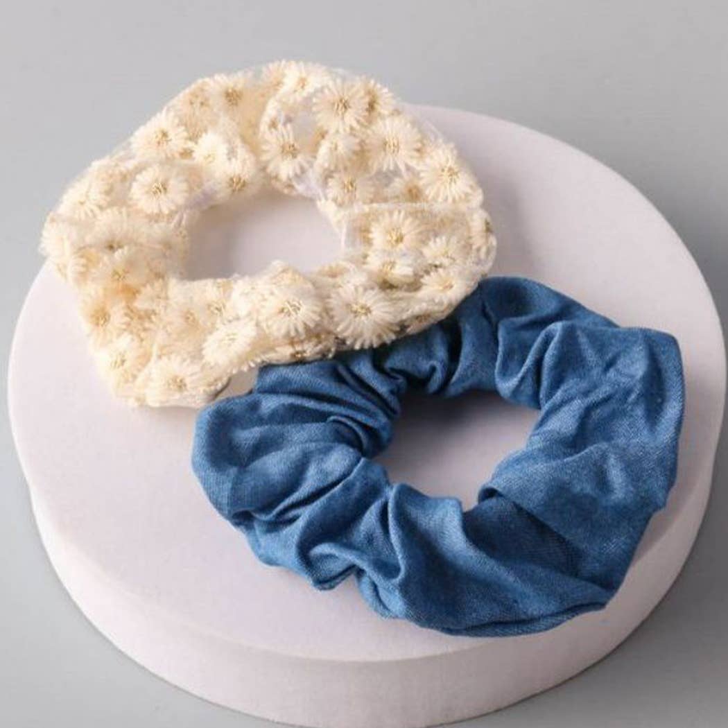 Fashion City - Set of Denim Lace with Flower Hair Scrunchie