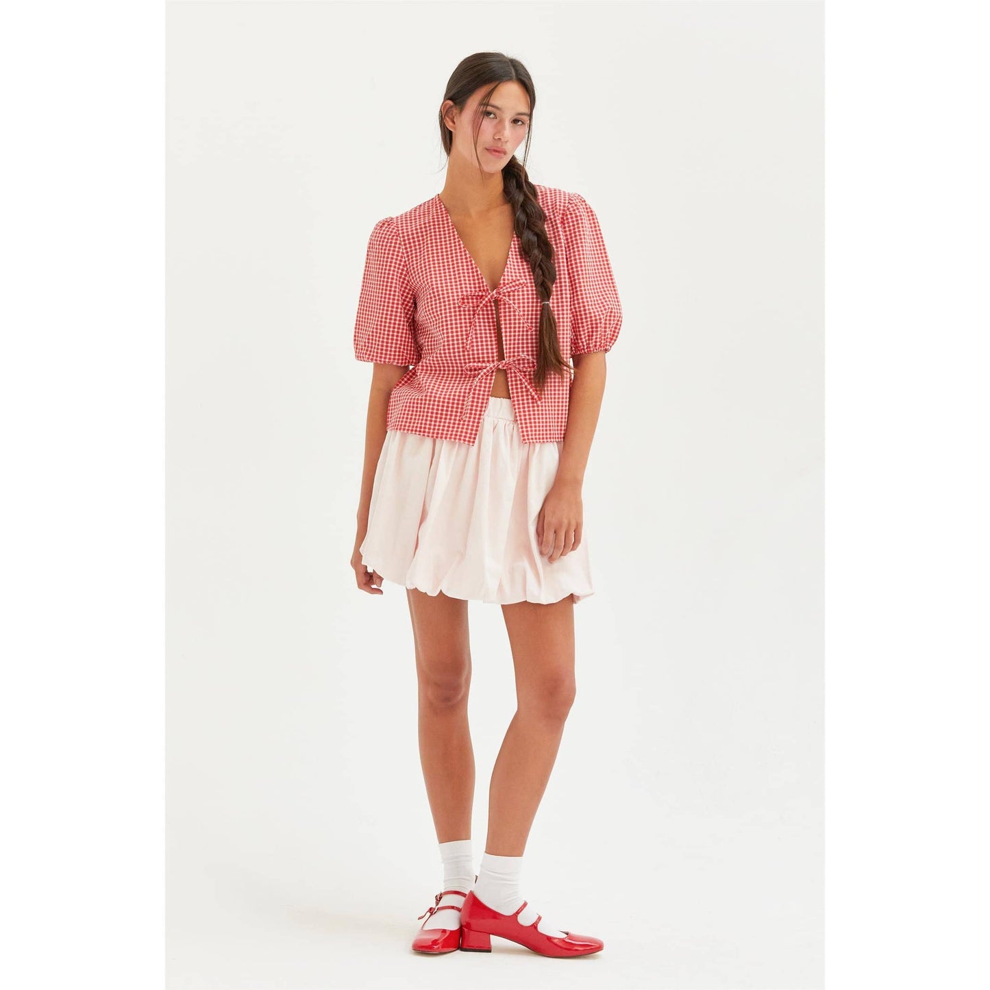 HYFVE - DZ25C145-Gingham Print Bow Tie Puff Sleeve Blouse