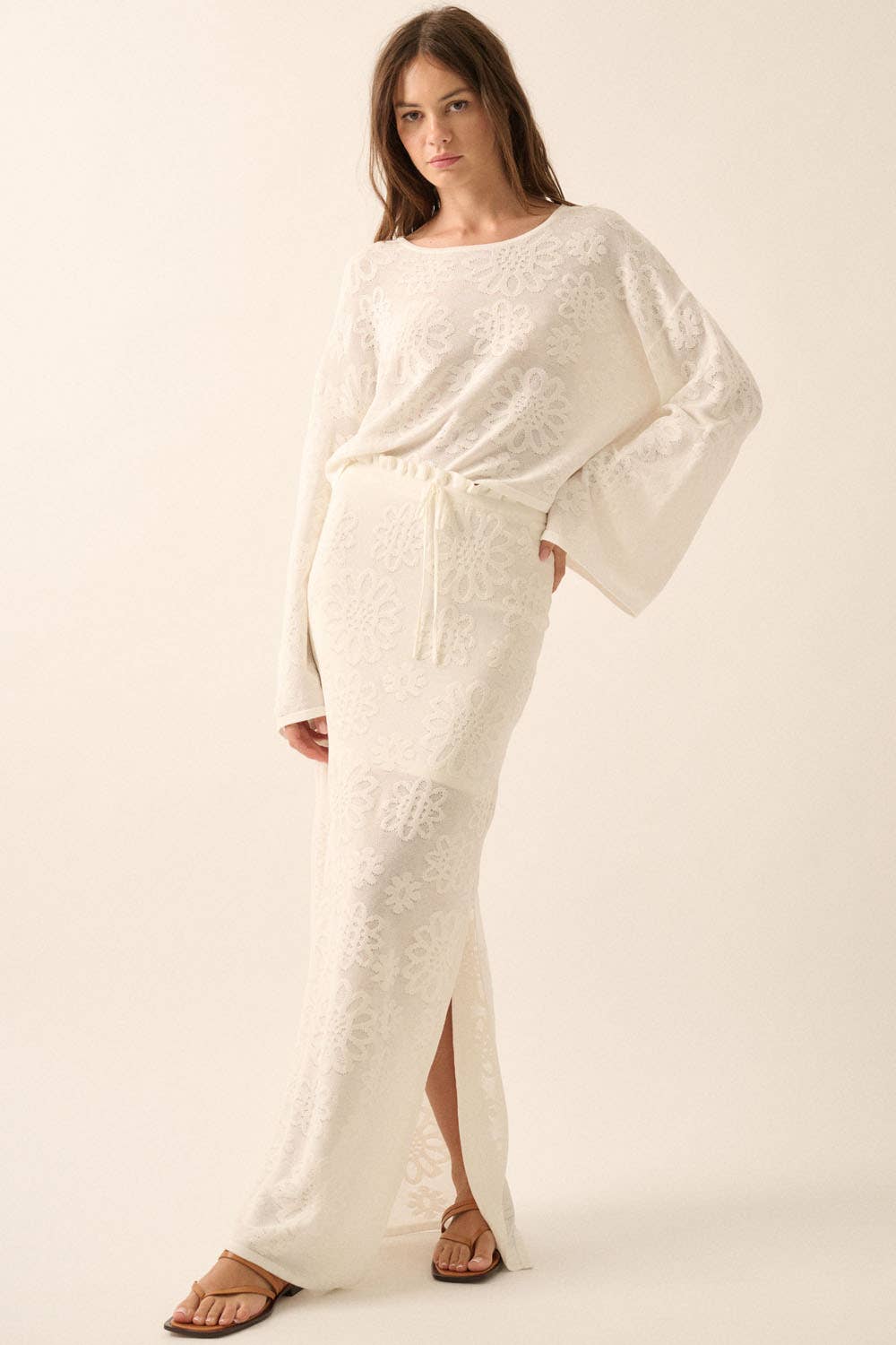 Promesa USA - Floral Jacquard Cropped Bell-Sleeve Sweater