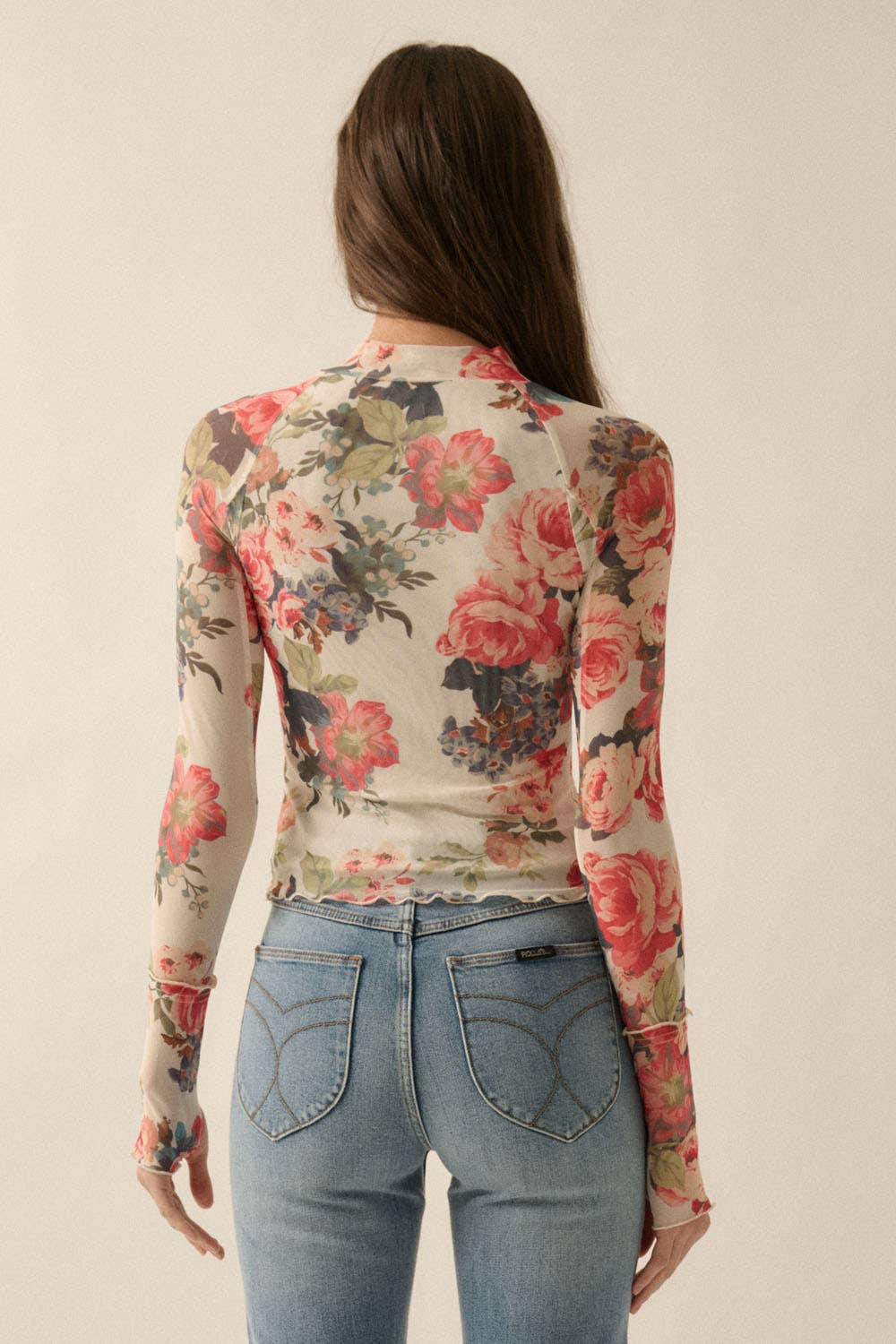Promesa USA - Floral-Print Mesh Mock-Neck Thumbhole Top