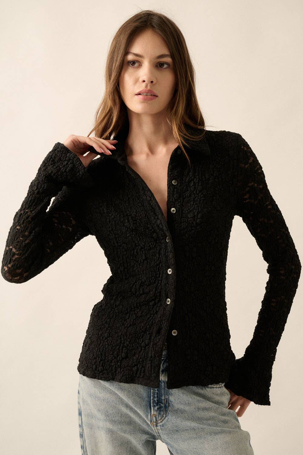 Promesa USA - Floral Lace Flare Sleeve Woven Shirt