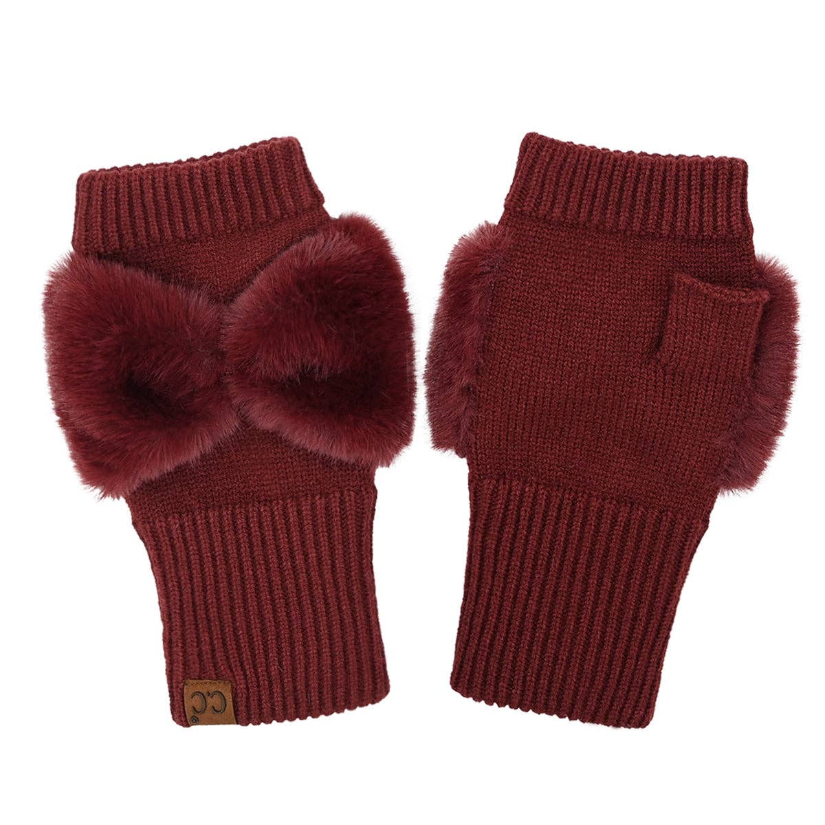 C.C Beanie - Faux Fur Bow Fingerless C.C Gloves - Burgundy