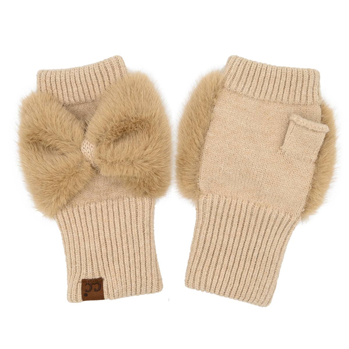 C.C Beanie - Faux Fur Bow Fingerless C.C Gloves - Camel