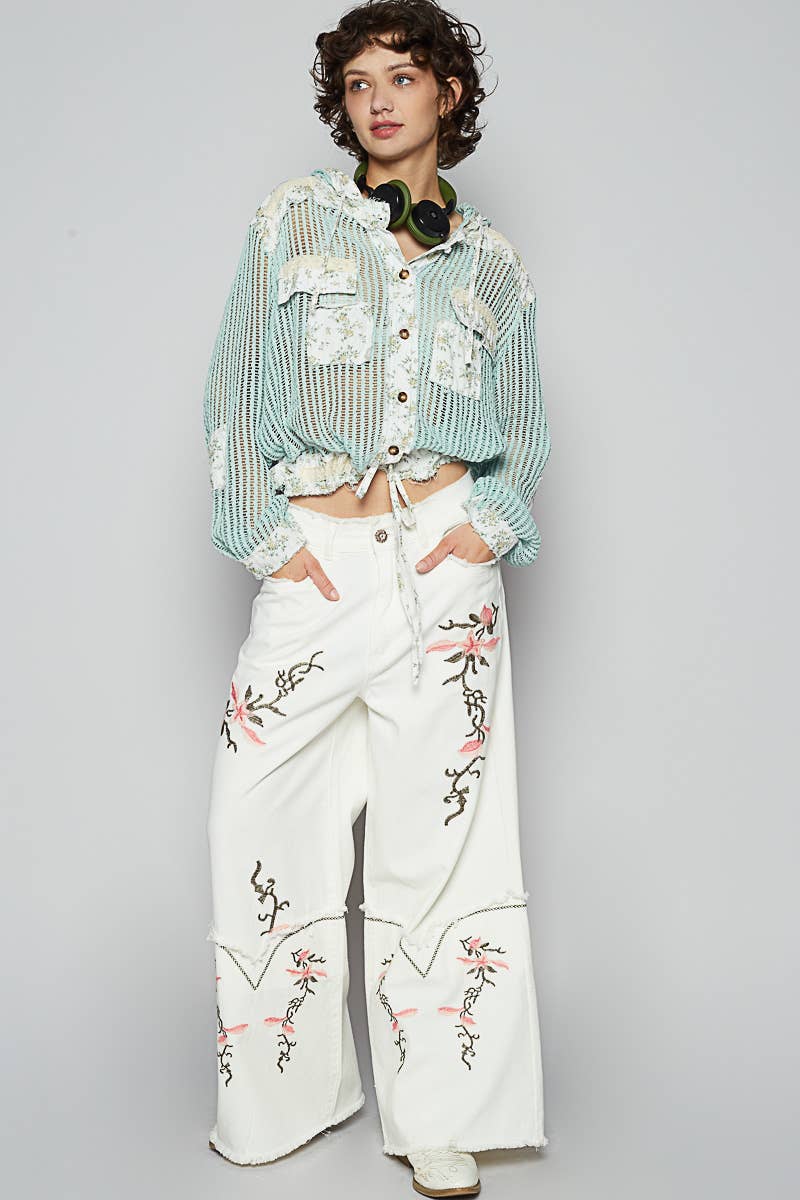 Pol Clothing - Vintage washed floral print patch crochet jacket