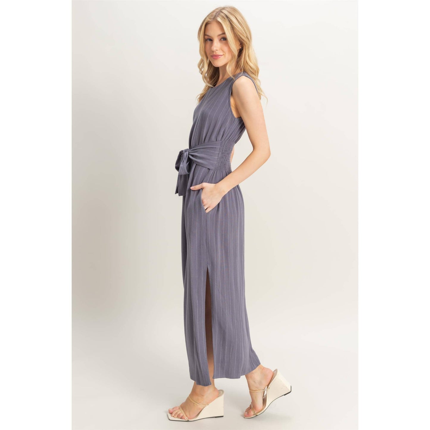 HYFVE - HF25E059-Striped Rayon Linen Side Slit Maxi Dress