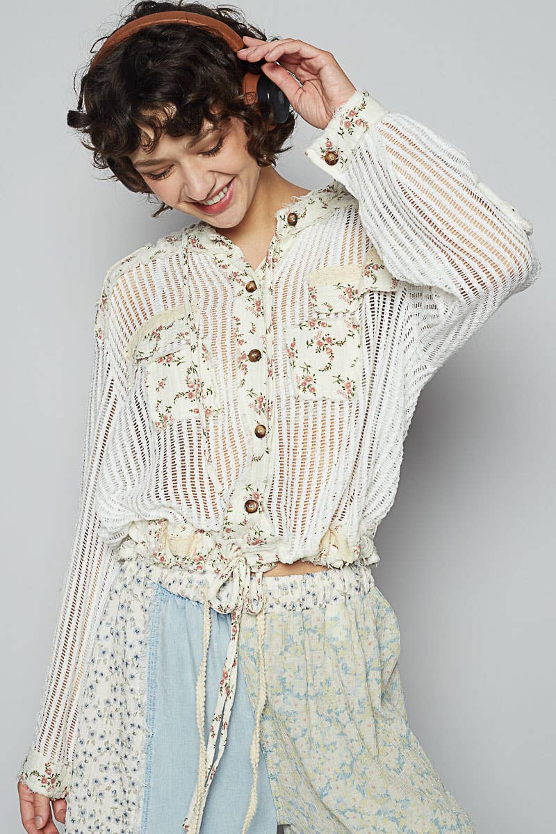 Pol Clothing - Vintage washed floral print patch crochet jacket