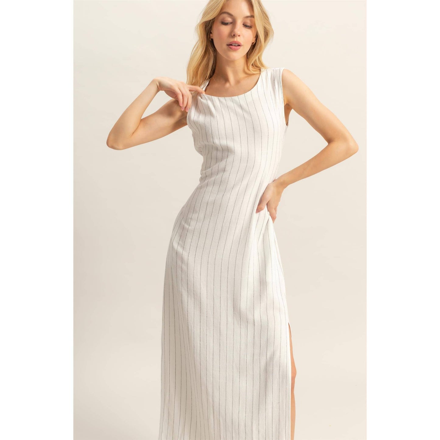 HYFVE - HF25E059-Striped Rayon Linen Side Slit Maxi Dress