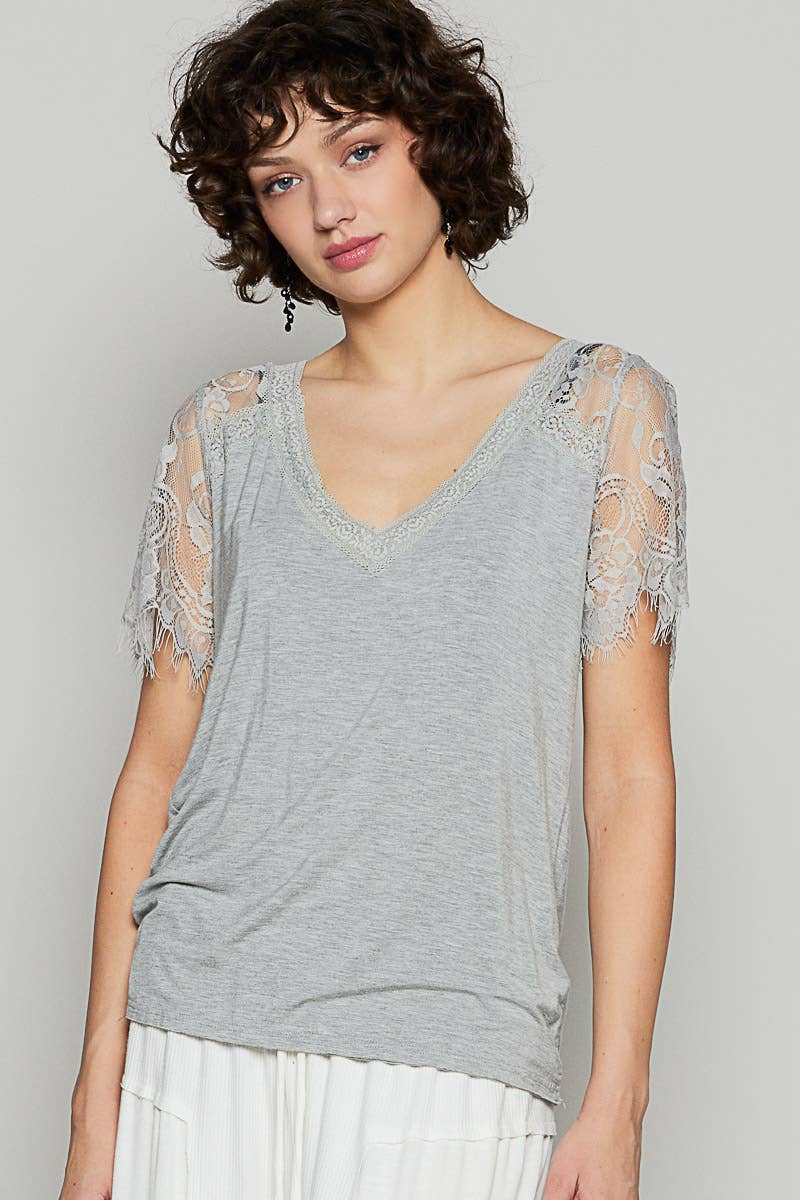 Pol Clothing - 1/2 lace sleeve v-neck tee