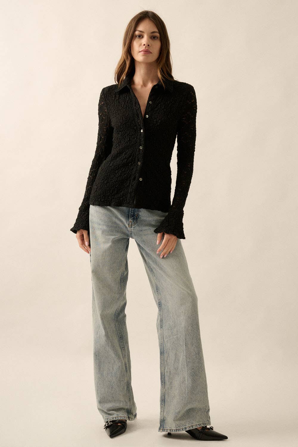 Promesa USA - Floral Lace Flare Sleeve Woven Shirt
