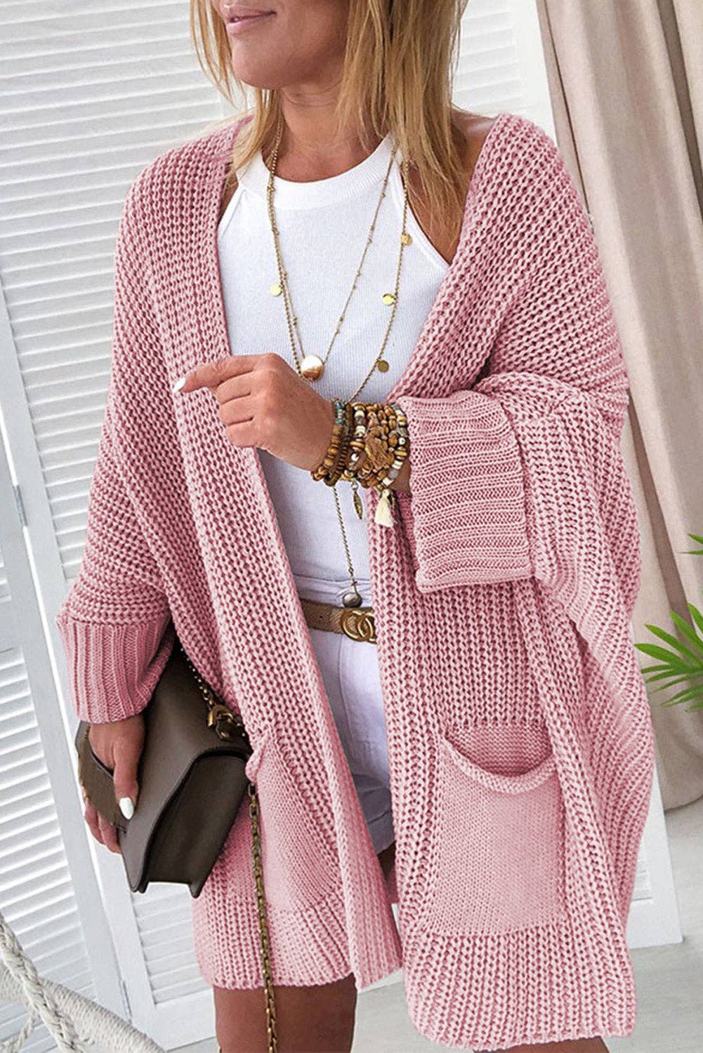 Pretty Bash Oversized Open Front Sweater Cardigan Pink