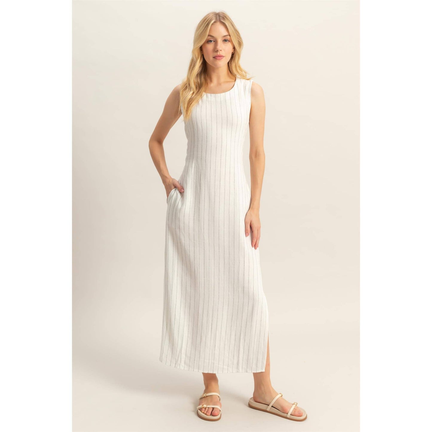 HYFVE - HF25E059-Striped Rayon Linen Side Slit Maxi Dress
