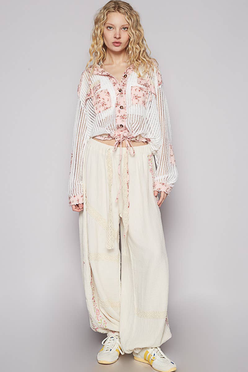Pol Clothing - Vintage washed floral print patch crochet jacket
