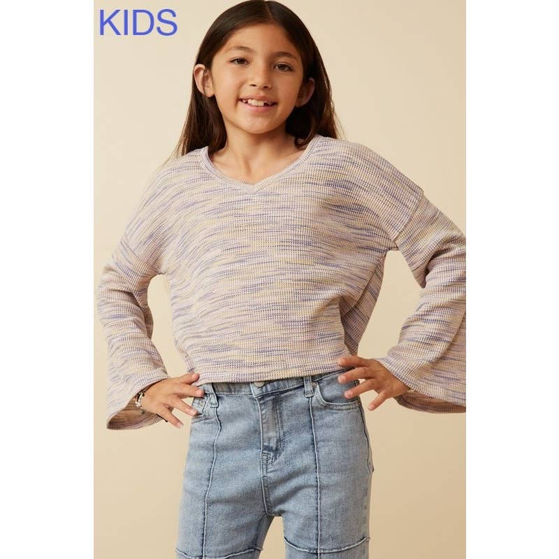 Paperdoll - Girls Textured V Neck Drop Should Marled Knit Top