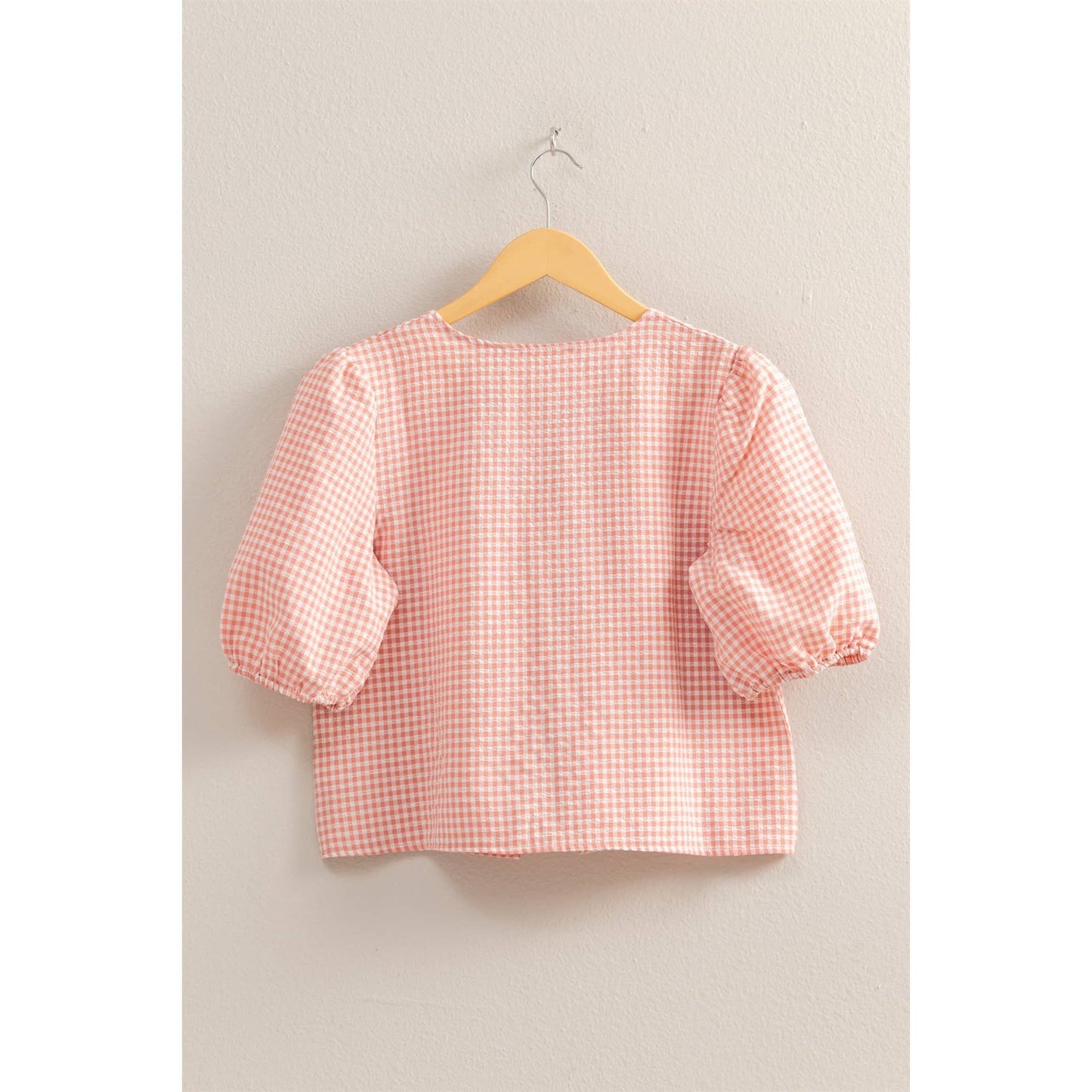 HYFVE - DZ25C145-Gingham Print Bow Tie Puff Sleeve Blouse