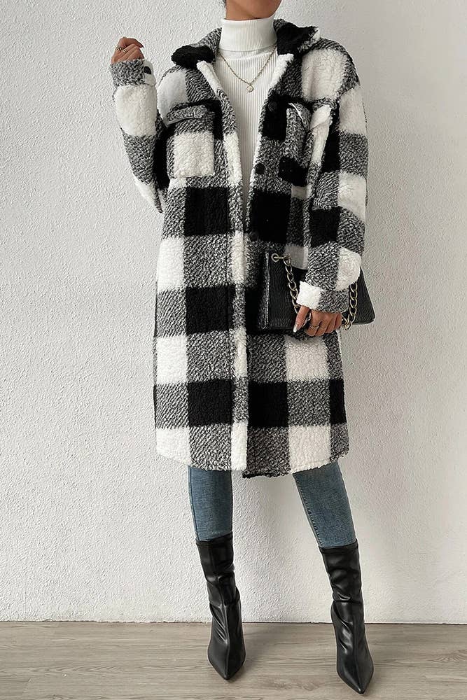 UNISHE - Plaid Plush Button Up Long Length Jacket - Black