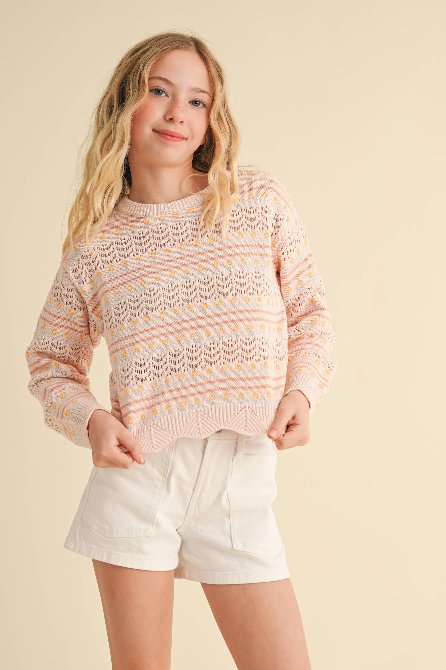 heart and arrow - KNITWEAR PULL OVER TOP IN FLOWER POINTELLE STRIPE (7-14)