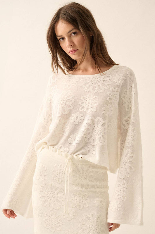 Promesa USA - Floral Jacquard Cropped Bell-Sleeve Sweater