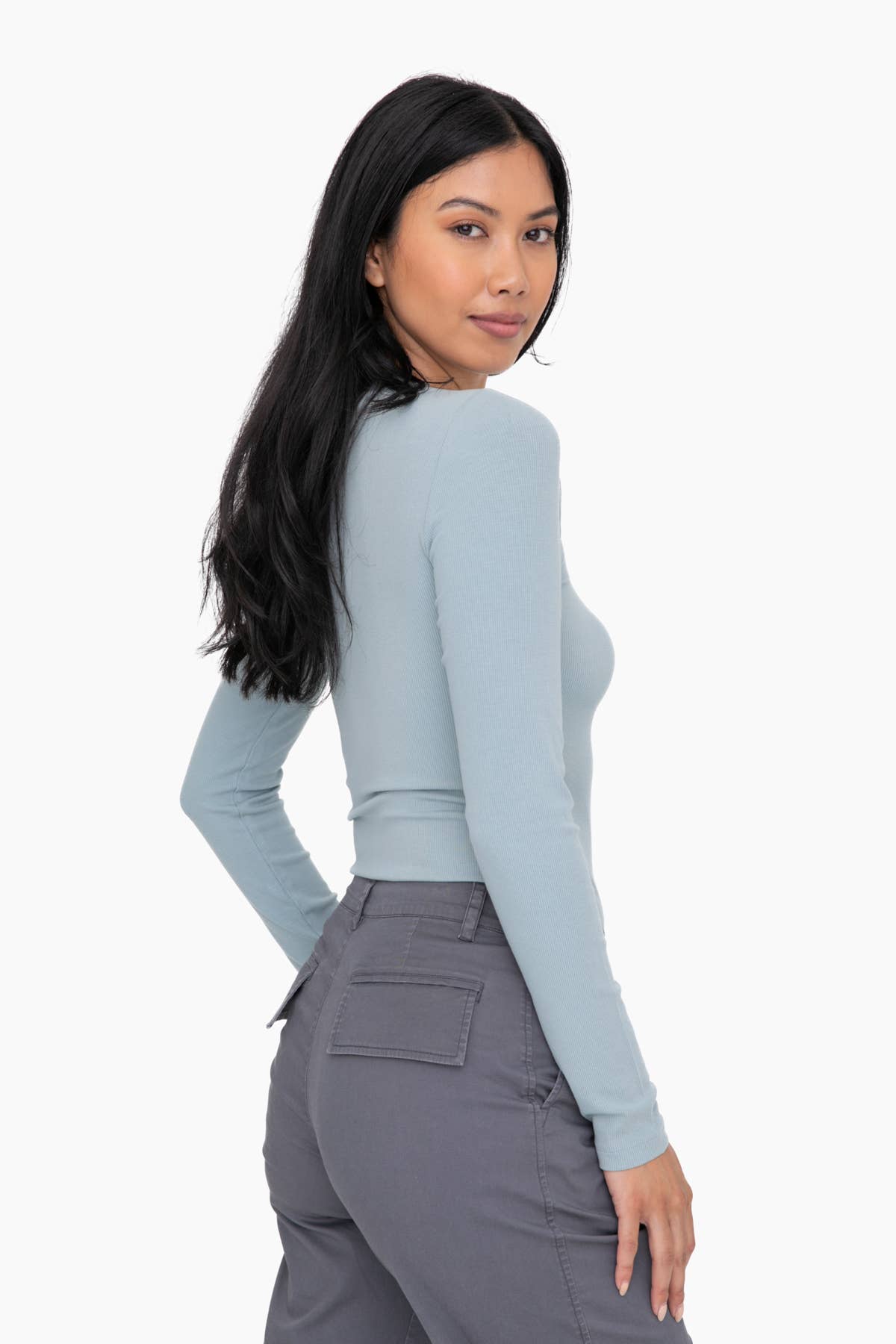 Mono B - Essential Long-Sleeved Micro-Ribbed Athleisure Top - Smoky Blue