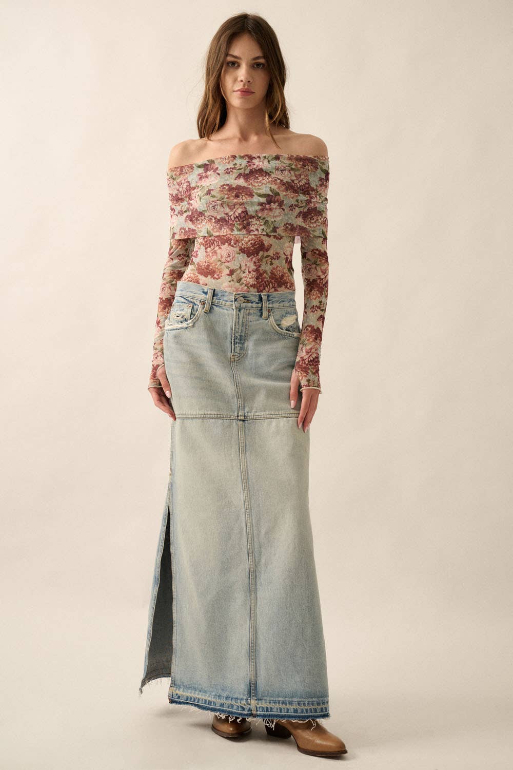 Promesa USA - Floral Mesh Off-Shoulder Knit Bodysuit