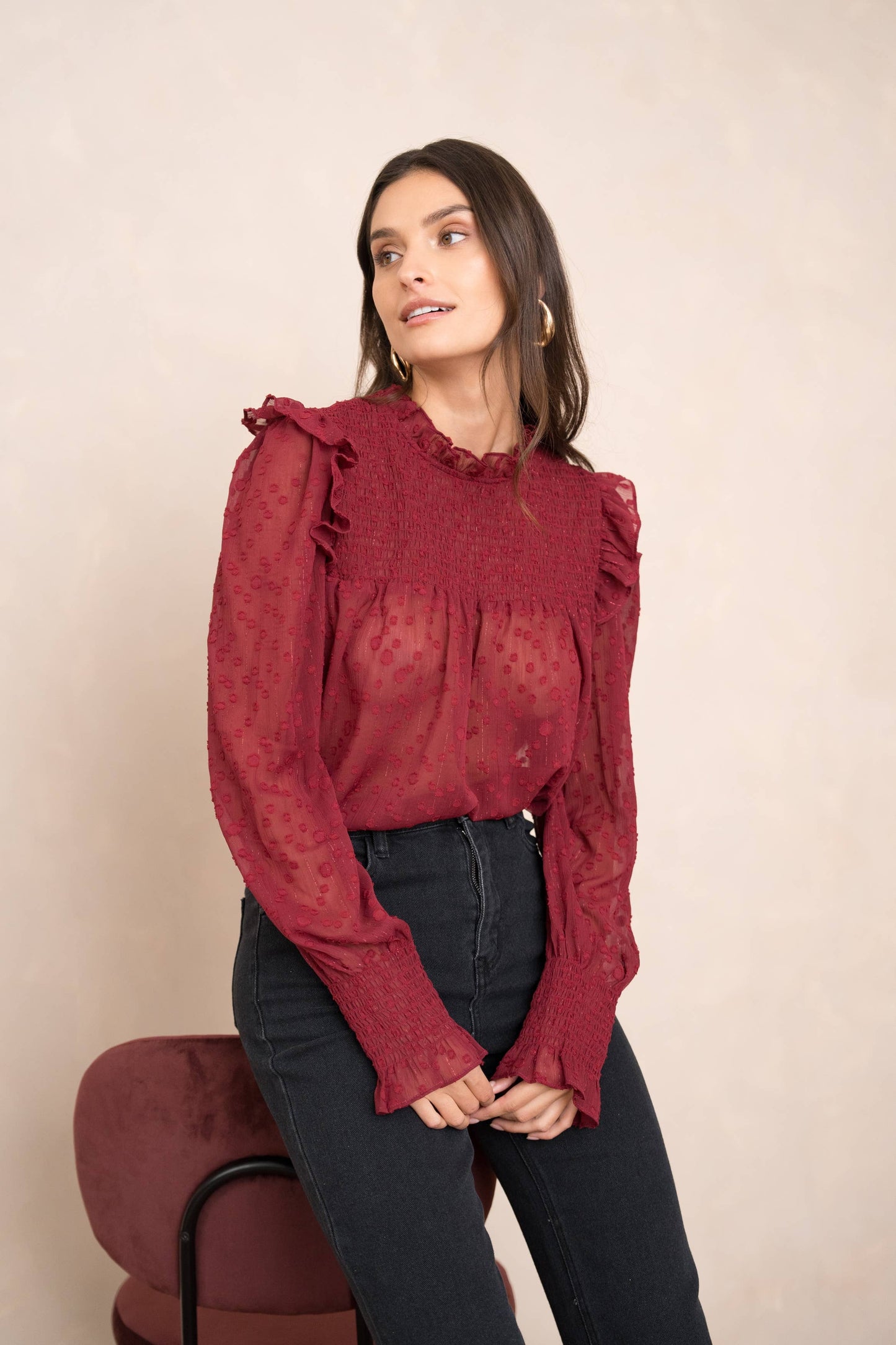Choklate Paris - Blouse with Ruffled Collar and Sleeves - Bordeaux