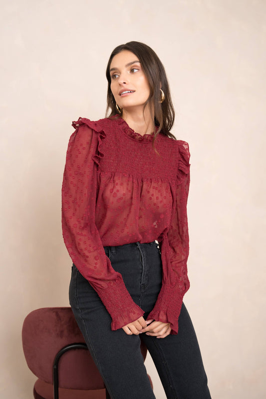 Choklate Paris - Blouse with Ruffled Collar and Sleeves - Bordeaux