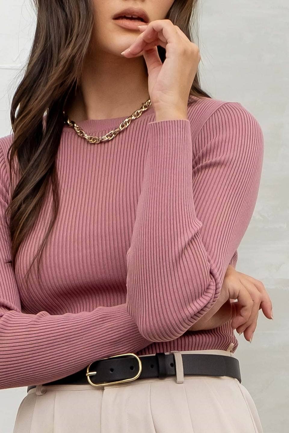 The Workshop Studio - Rib Knit Crewneck Pullover - Dusty Mauve