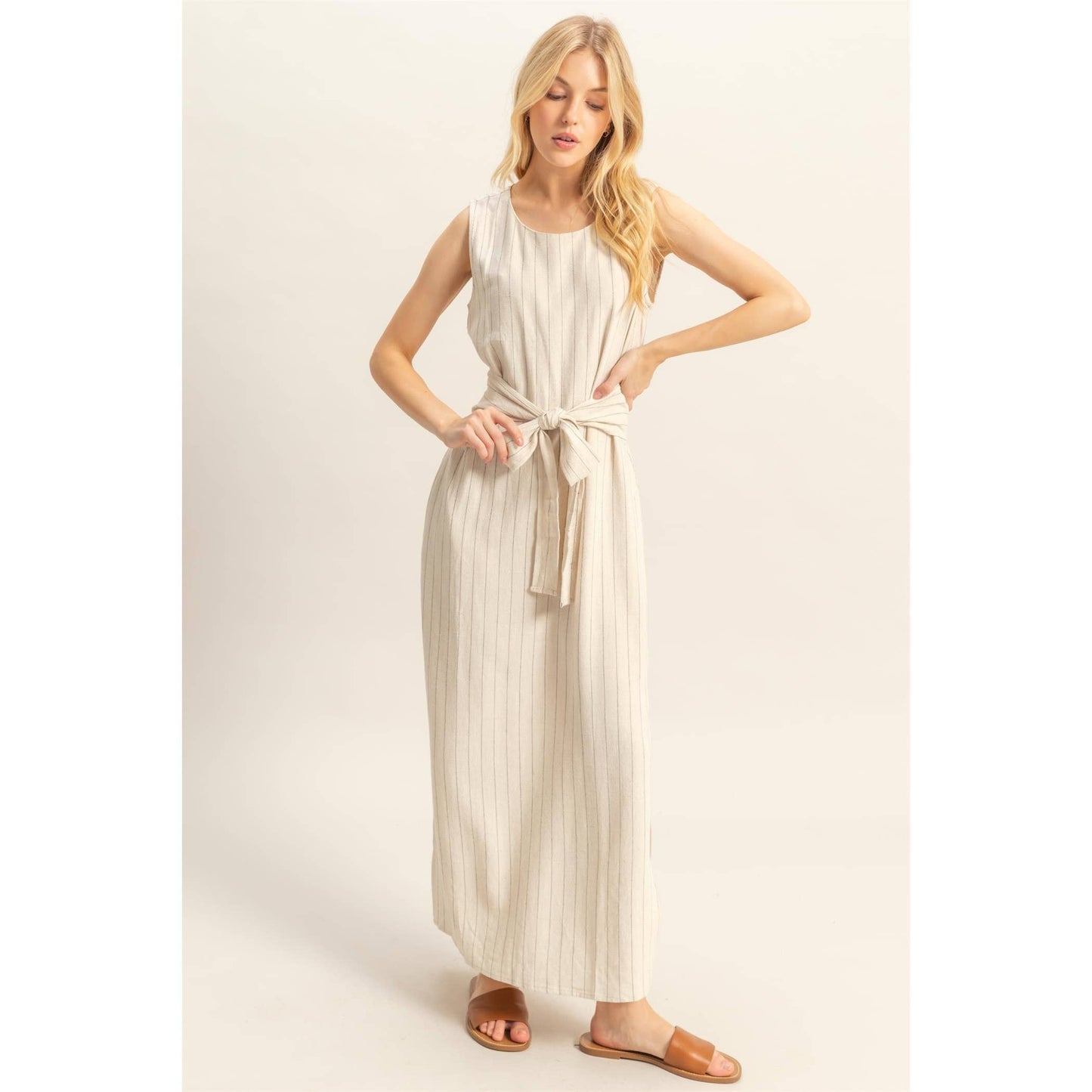 HYFVE - HF25E059-Striped Rayon Linen Side Slit Maxi Dress