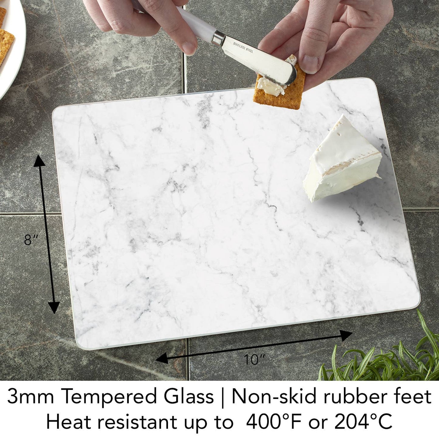 CounterArt and Highland Home - White Marble Design 15" x 12" Tempered Glass Cutting Board