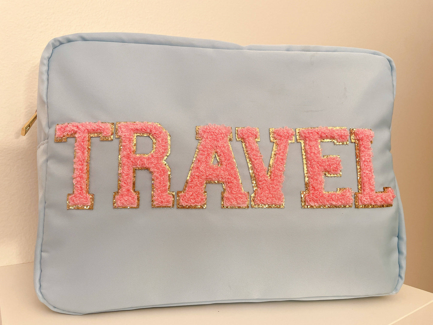 Beauty Stash - TRAVEL Blue XL Nylon Varsity Pouch