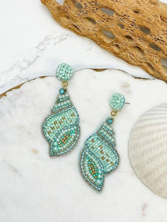 Prep Obsessed Wholesale - Beaded Rhinestone Shell Dangle Earrings