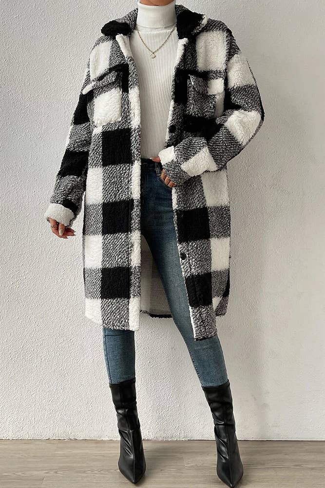 UNISHE - Plaid Plush Button Up Long Length Jacket - Black