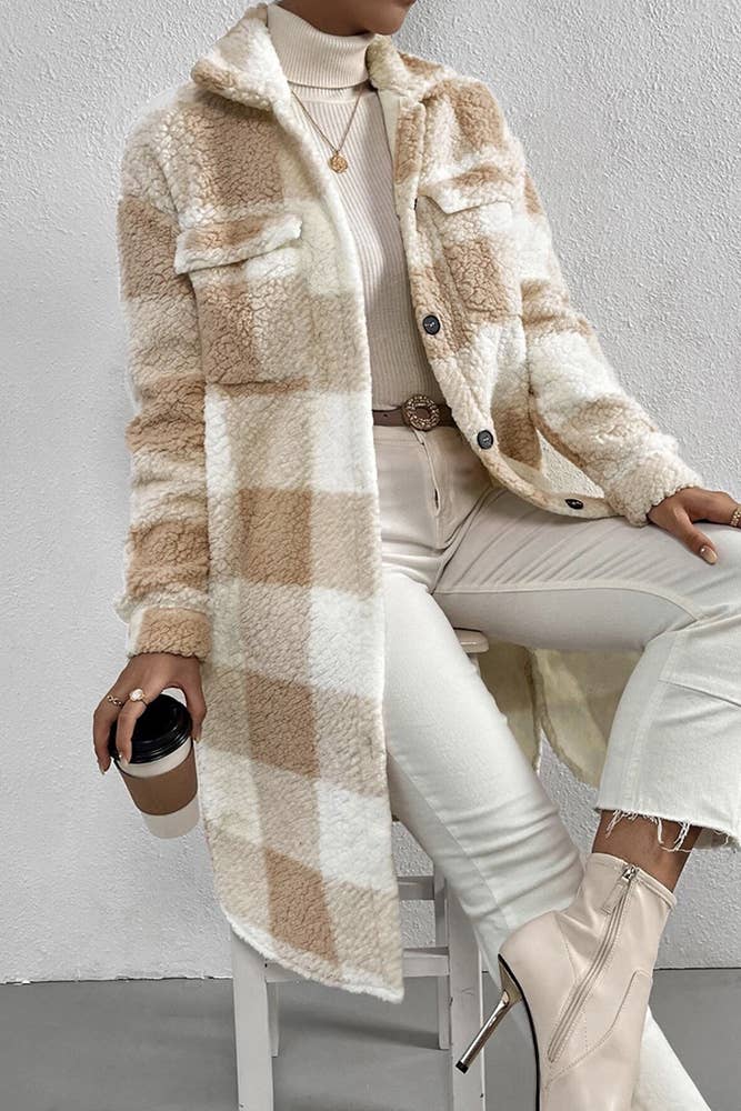 UNISHE - Plaid Plush Button Up Long Length Jacket- Beige