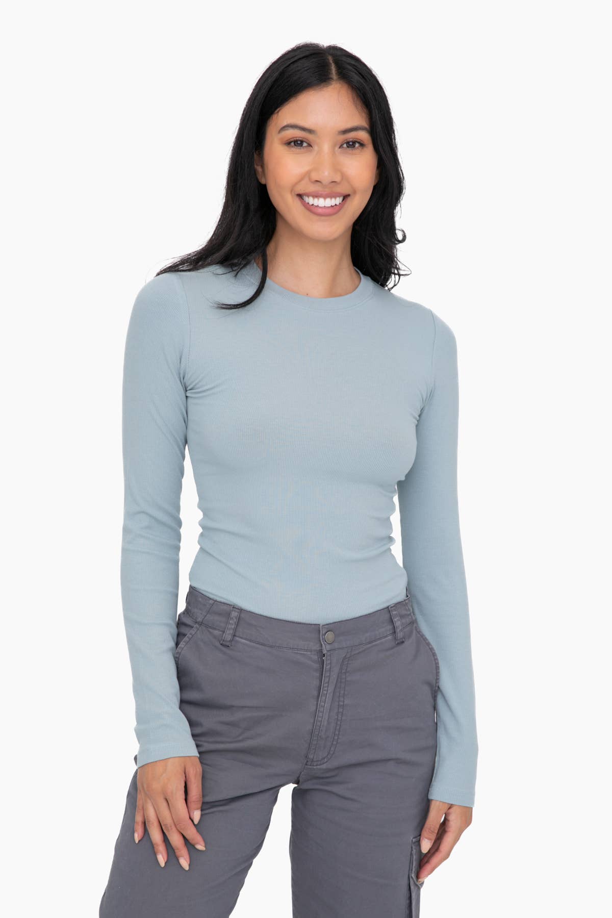 Mono B - Essential Long-Sleeved Micro-Ribbed Athleisure Top - Smoky Blue