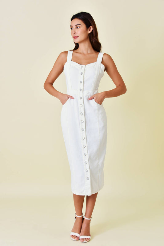 Fore Collection - Sleeveless Buttoned Denim Midi Dress - White