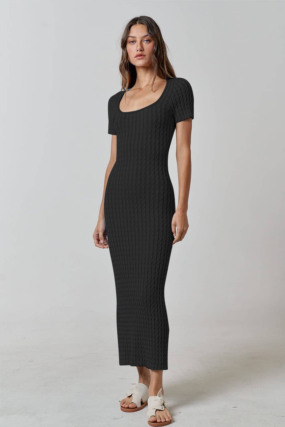 Lalavon - Cable Knit Short Sleeve Maxi Dress - Black Lalavon - Cable Knit Short Sleeve Maxi Dress - Black