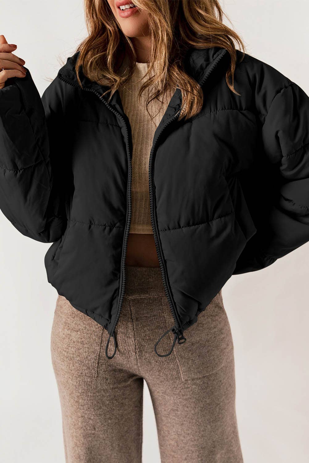 Little Daisy Closet - Black Zip Up Drawstring Hem Puffer Coat